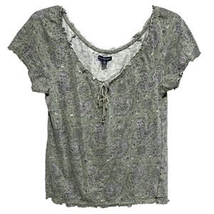 Boho Milkmaid American Eagle AEO Peasant Top Size Medium Green Paisley Floral